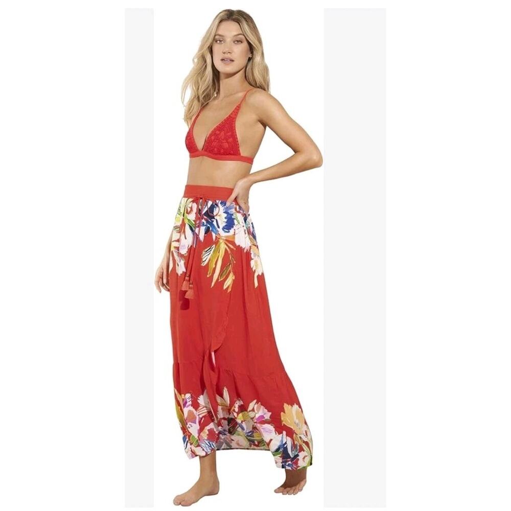 Anthropologie Maaji Maxi Wrap Skirt Ruffle Women Red Tropical Floral Medium - Picture 2 of 9